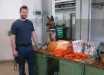 funkcjonariusz celno-skarbowy z psem służbowym przy ladzie, na której znajdują się setki paczek papierosów; budynek kontroli szczegółowej