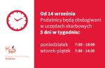 Plansza z logo KAS, zegarem i napisem: Od 14 września podatnicy będą obsługiwani w urzędach skarbowych 5 dni w tygodniu: poniedziałe 7:30 - 18.00, wtorek- piątek 7.30 -14.30