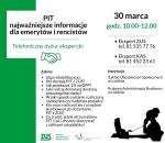 Grafika zawierająca informację w zakresie dyżuru telefonicznego ze wskazaniem zakresu możliwych do pozyskania informacji. Dolnej części zdjęcia logo ZUS i KAS. w Prawym dolnym roku grafika kobiety rozmawiającej przez telefon, siedzącej przed komputerem.