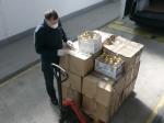 Funkcjonariusz Służby Celno-Skarbowej stojący przy ustawionych na palecie kartonach. W kartonach butelki z bezbarwną cieczą.