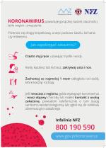 Plakat Ministerstwa Zdrowia i Narodowego Funduszu Zdrowia dotyczący środków ostrożności w związku z pandemią koronawirusa, numer infolinii