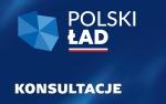 Na niebieski tle w lewym górnym roku zarys konturów Polski i napis na środku Polski Ład Konsultacje