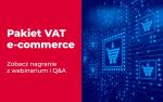 Na czerwonym tle napis VAT e-commerce zobacz nagranie z webinarium i Q&A
na niebieskim tle symbole koszyków zakupowych 