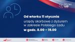 Granatowy szablon z napisem: Od wtorku 11 września urzędy skarbowe z dyżurem w zakresie polskiego ładu w godz. 8-19