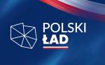 Grafika z logo Polski Ład, na granatowym tle biały napis: Polski Ład, w prawym górnym rogu biało-czerwona flaga Polski.