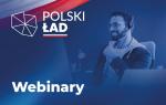 Grafika z napisami Polski Ład, webinary. Mężczyzna w słuchawkach.