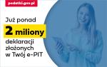 Po lewej stronie u góry na czerwonym tle napis podatki.gov.pl, poniżej napis Już ponad 2 miliny deklaracji złożonych w Twój e-PIT. Po prawej stronie w niebieskich barwach postać kobiety. 