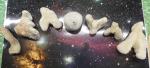 7 skamieniałych koralowców przyklejonych do posteru z widokiem kosmosu