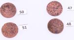 Cztery skorodowane, miedziane monety