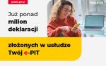 Grafika z napisem Już ponad milion deklaracji złożonych w usłudze Twój e-PIT, adresem strony podatki.gov.pl, na zdjęciu kobieta przy komputerze.