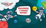Grafika z astronautami. Napisy: Podatki płacimy, korzyści widzimy i Ruszamy z nową misją.