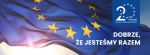 Logotyp obchodów 20-lecia Polski w Unii Europejskiej. Liczba 20 wpisana w gwiazdy. Napis 20 lat Polski w Unii Europejskiej. Dobrze, że jesteśmy razem.